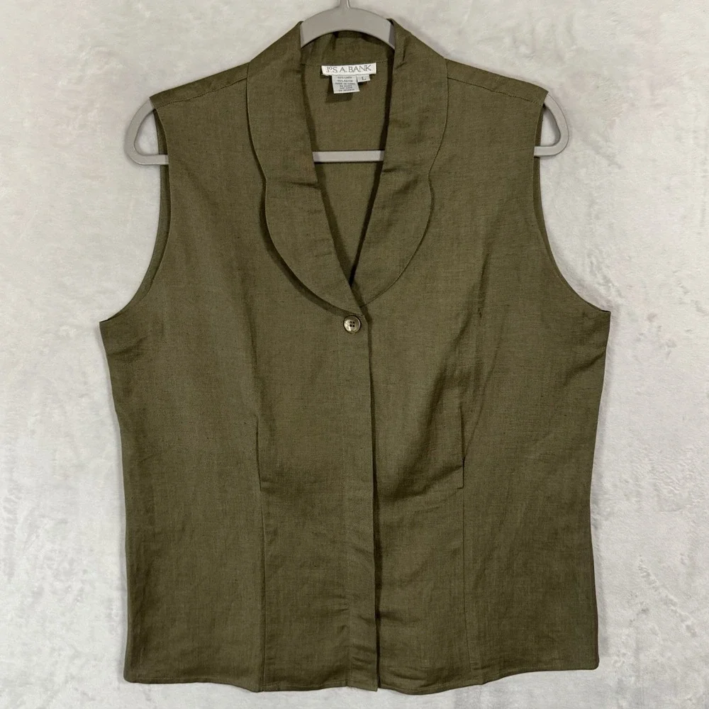Linen Blend Button Down Sleeveless Olive Shirt - Picture 10 of 10
